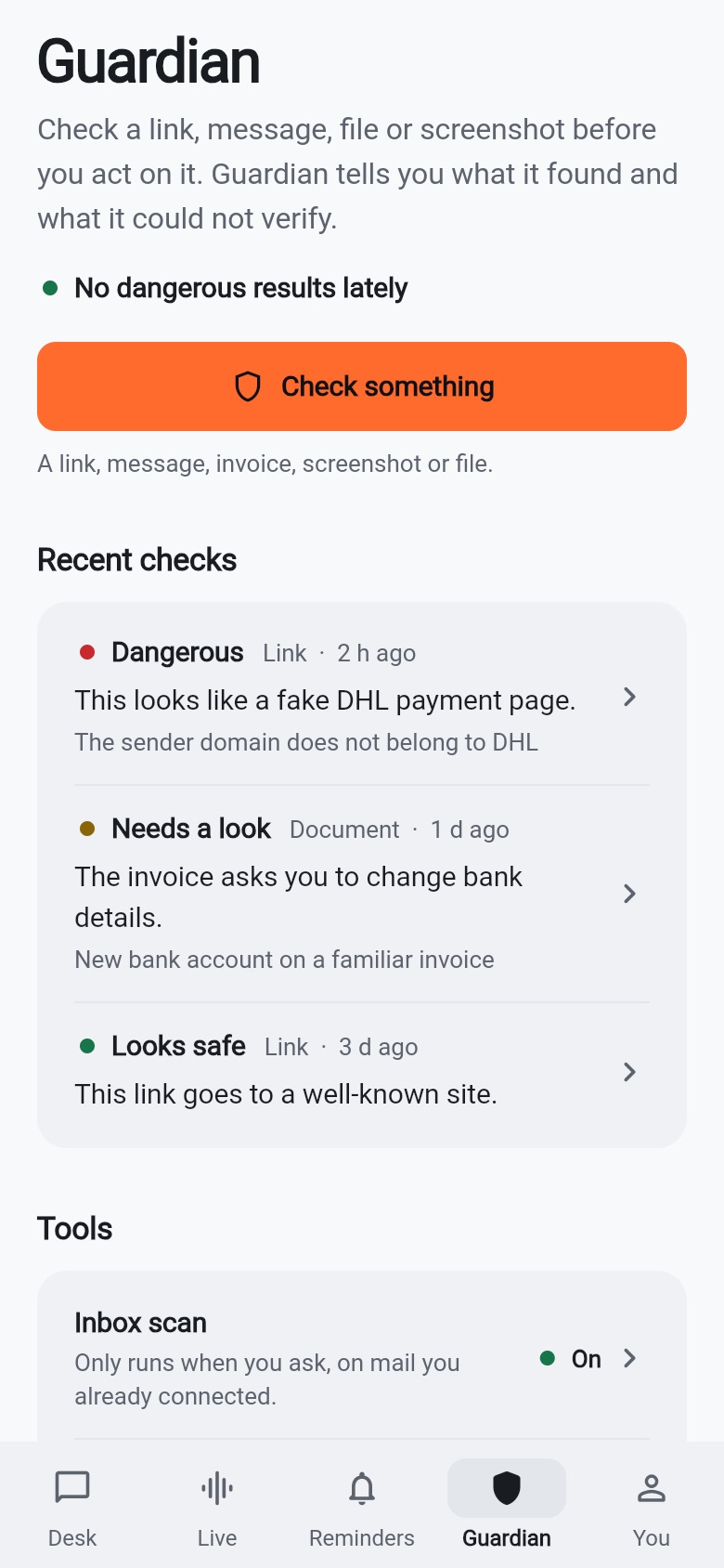 The Guardian screen in the Arqivon app: a Check something button and recent checks marked Dangerous for a fake DHL payment page, Needs a look for an invoice that changes bank details, and Looks safe for a well-known link.