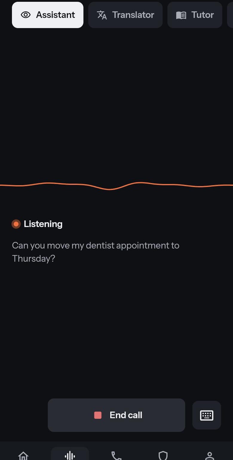 The Arqivon Live screen on a phone: Assistant, Translator and Tutor modes, a live signal line, the status Listening, and the spoken request: Can you move my dentist appointment to Thursday?